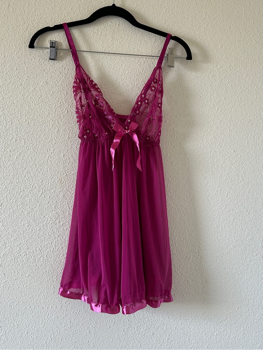 Sheer Floral Lace Bow Sequin Slip Cami Dress Women’s Medium fuchsia